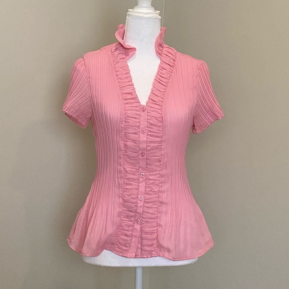 Pink, Lightweight, Pleated, Ruffle, Button-Up Blouse